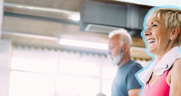 Banner of elderly woman and man at the gym running and smiling